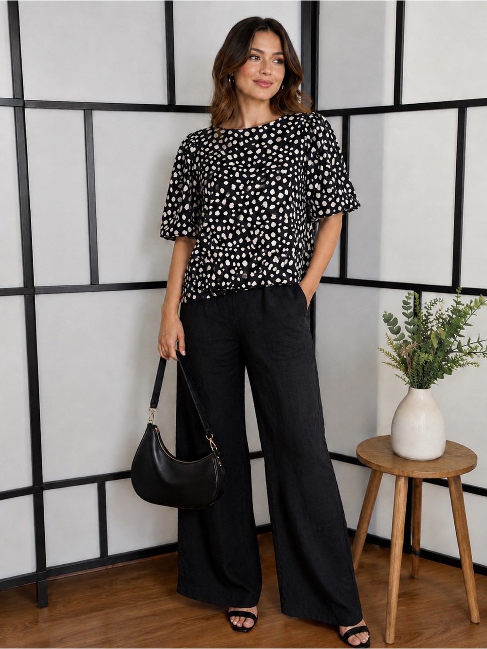 LOFT Open Back Bow Blouse Black Cream Print Size L
